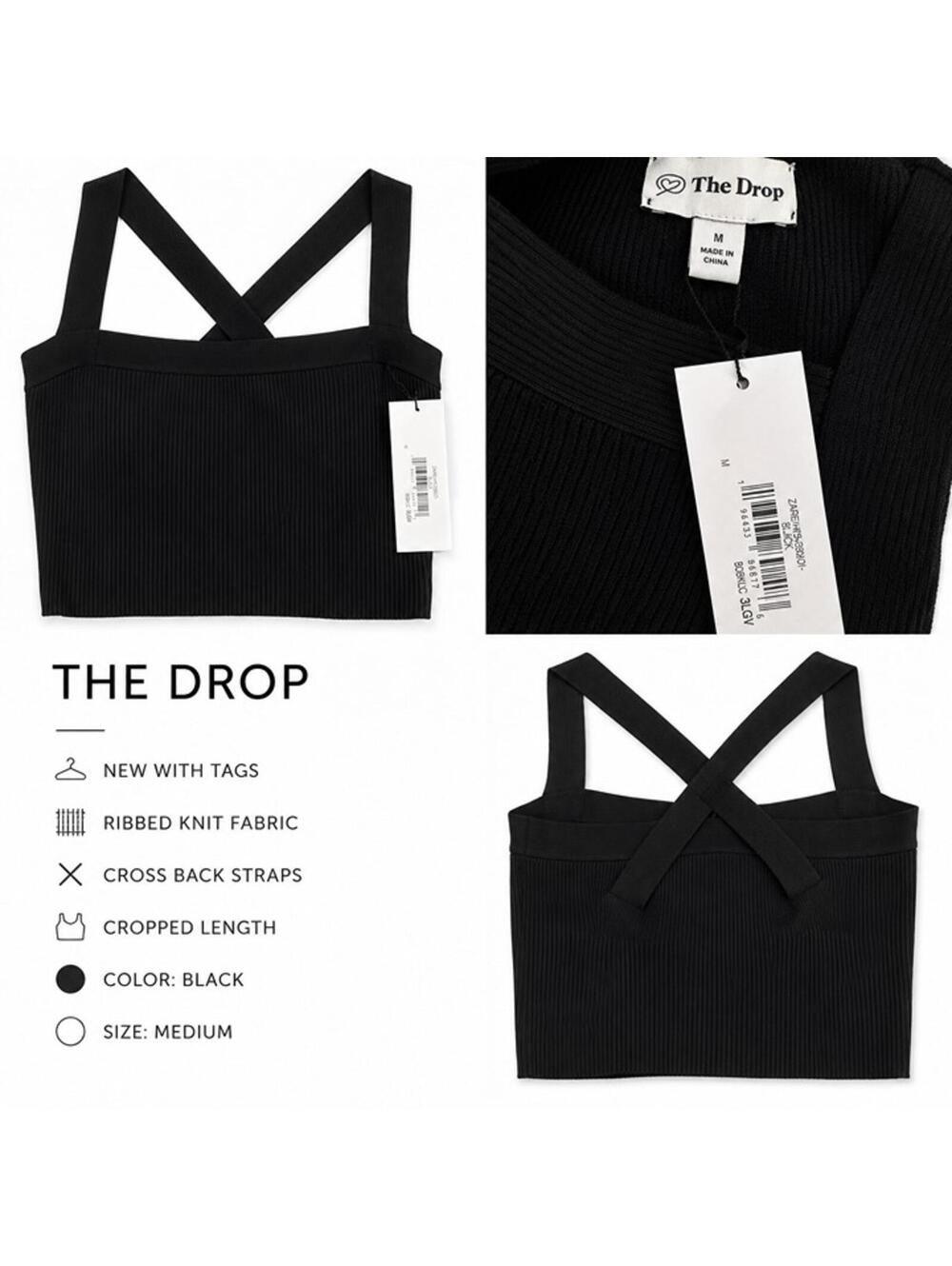 The Drop Ribbed Cross Back Knit Crop Top Black Medium NWT
